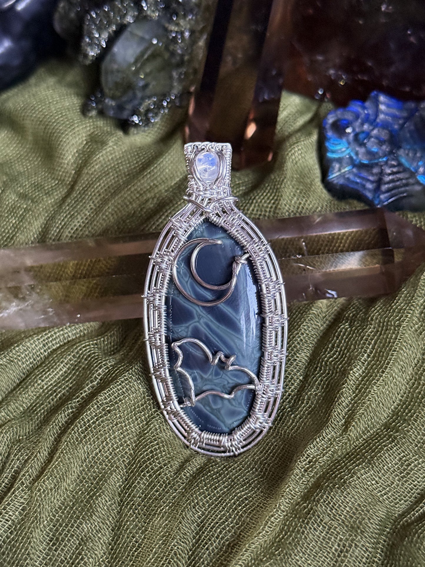 Spiderweb Obsidian & moonstone pendant