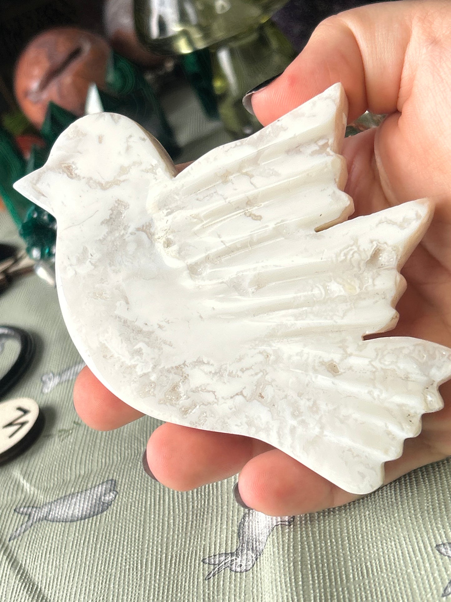 White Druzy Plume Agate Bird on Stand