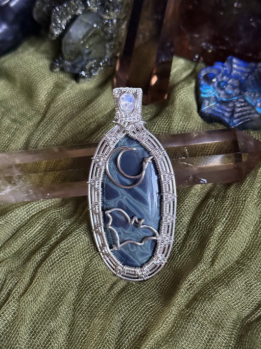 Spiderweb Obsidian & moonstone pendant