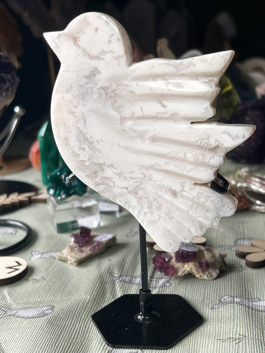 White Druzy Plume Agate Bird on Stand