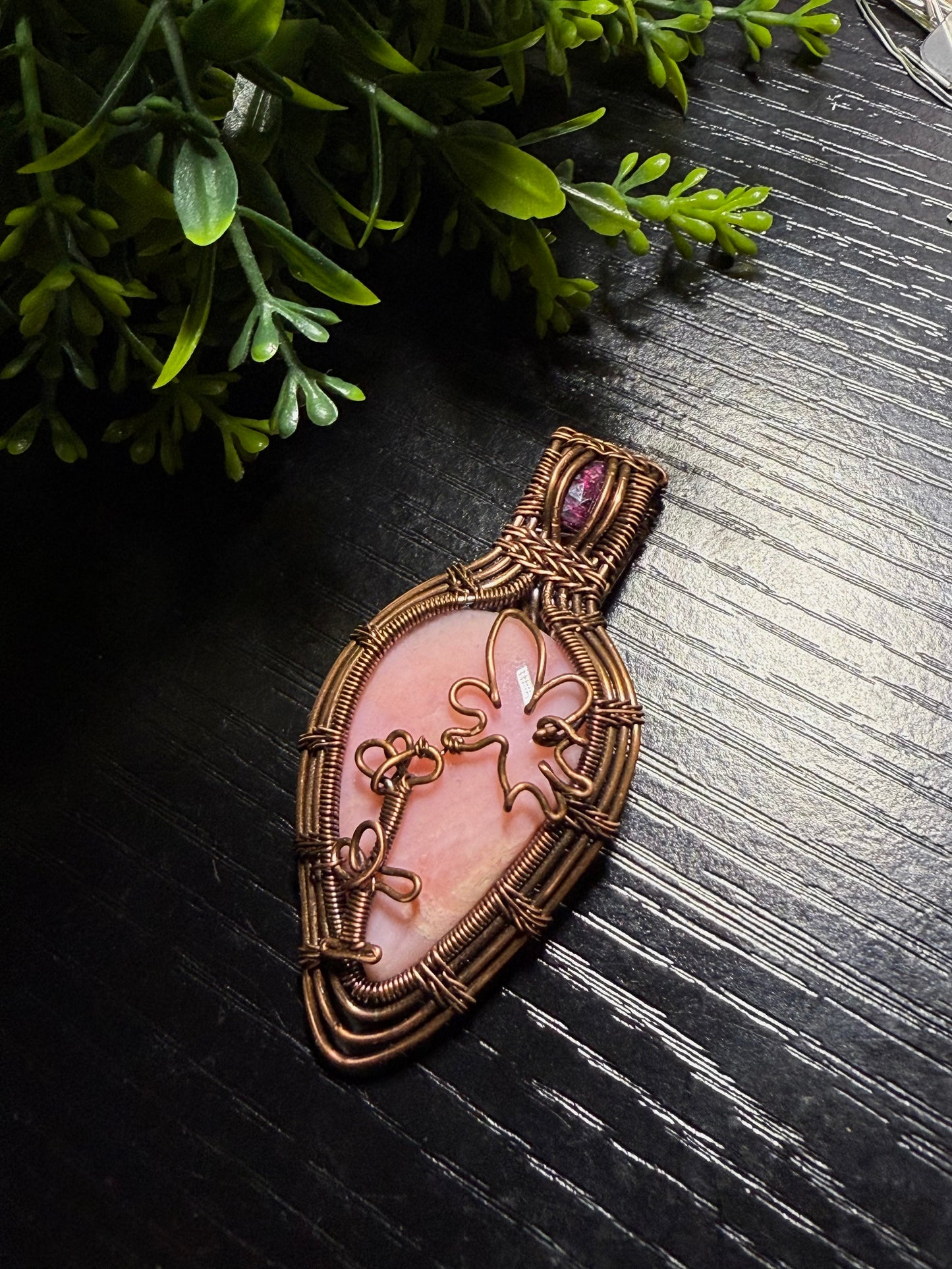 Pink Opal & pink tourmaline fairy & lavender pendant